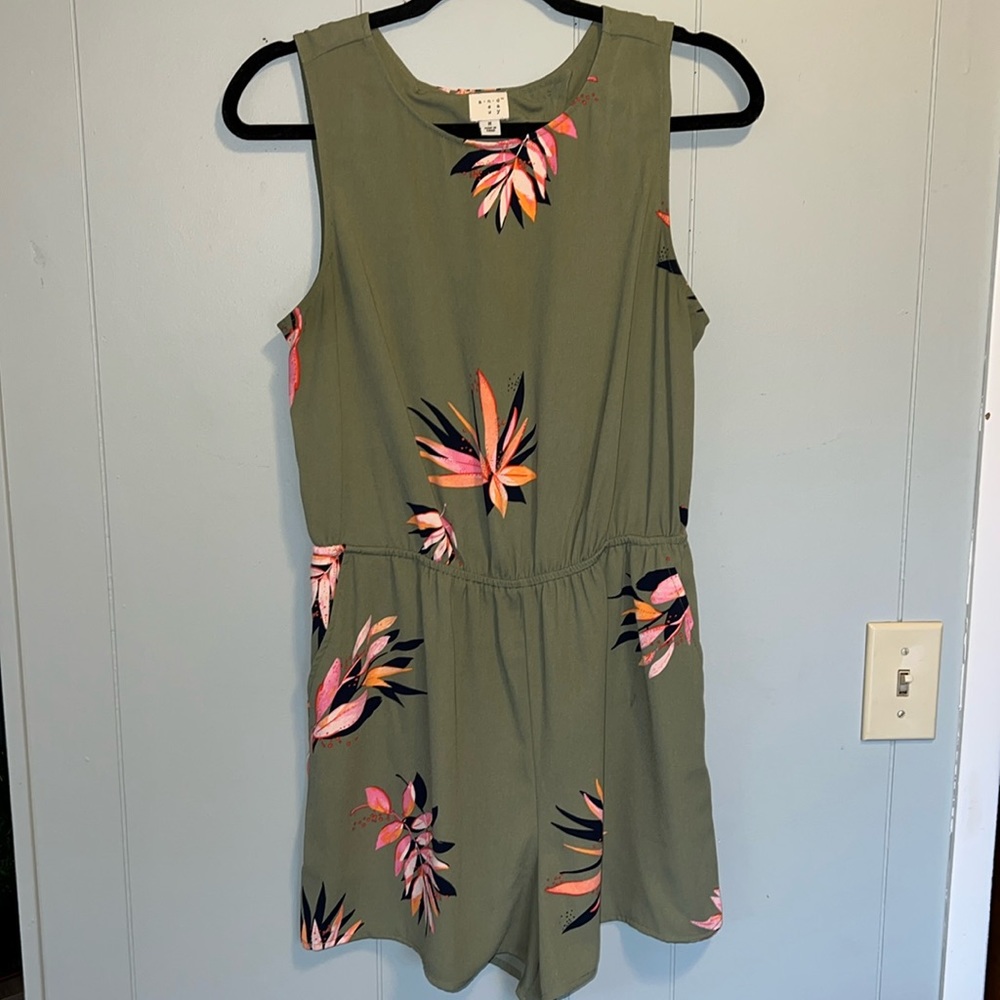 Olive Green Floral Sleeveless Romper